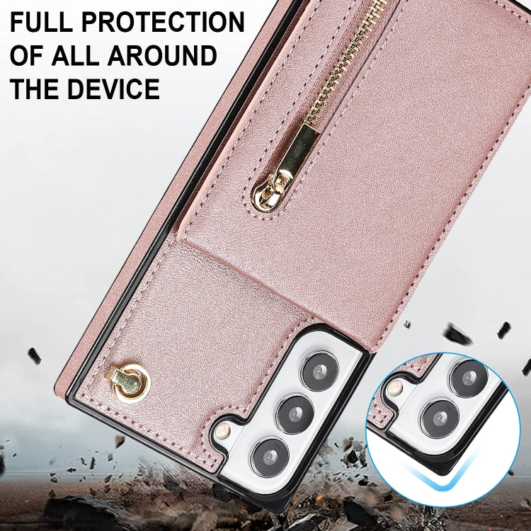 For Samsung Galaxy S22 5G Cross-body Square Zipper Card Holder Bag Phone Case(Rose Gold) - Galaxy S22 5G Cases by buy2fix | Online Shopping UK | buy2fix