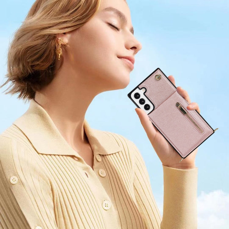 For Samsung Galaxy S22 5G Cross-body Square Zipper Card Holder Bag Phone Case(Rose Gold) - Galaxy S22 5G Cases by buy2fix | Online Shopping UK | buy2fix