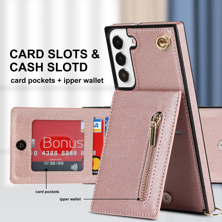 For Samsung Galaxy S22 5G Cross-body Square Zipper Card Holder Bag Phone Case(Rose Gold) - Galaxy S22 5G Cases by buy2fix | Online Shopping UK | buy2fix