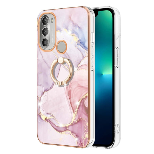 For Motorola Moto G51 5G Electroplating Marble Pattern IMD TPU Shockproof Phone Case with Ring Holder(Rose Gold 005) by buy2fix