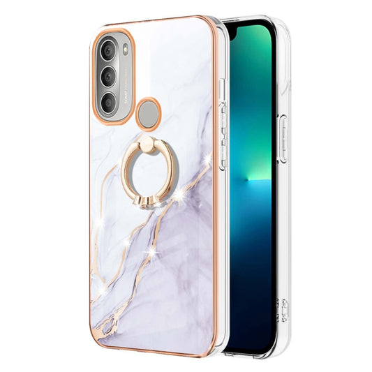 For Motorola Moto G51 5G Electroplating Marble Pattern IMD TPU Shockproof Phone Case with Ring Holder(White 006) by buy2fix