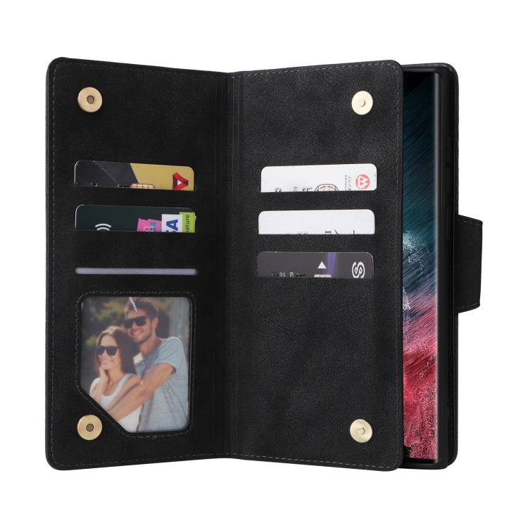 For Samsung Galaxy S22 Ultra 5G Rivet Buckle 9 Cards Three Fold Leather Phone Case(Black) - Galaxy S22 Ultra 5G Cases by buy2fix | Online Shopping UK | buy2fix