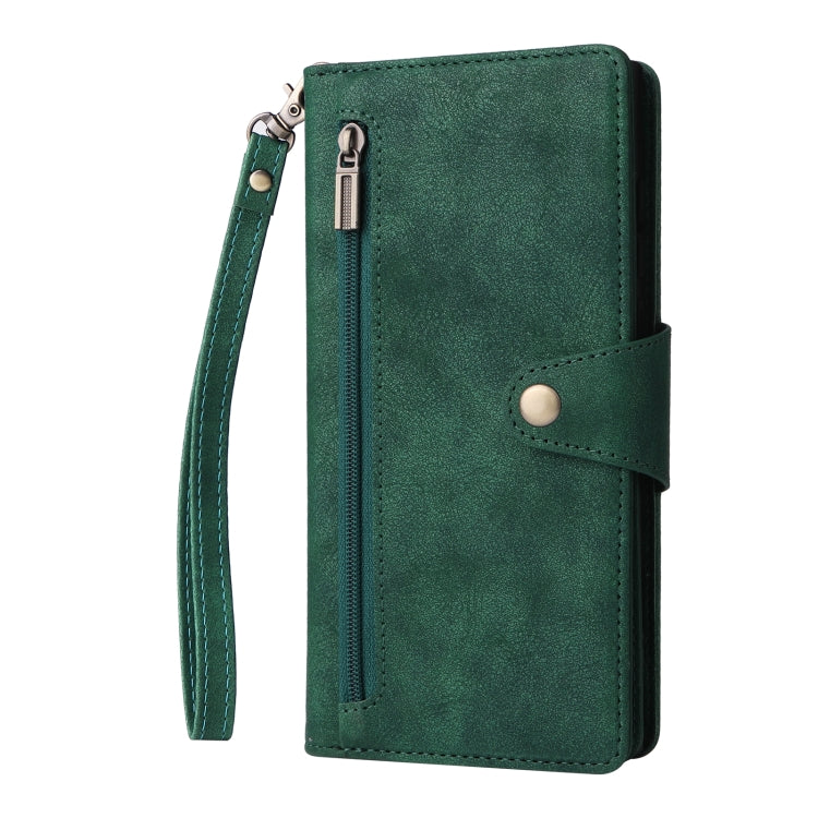 For Samsung Galaxy S22 Ultra 5G Rivet Buckle 9 Cards Three Fold Leather Phone Case(Green) - Galaxy S22 Ultra 5G Cases by buy2fix | Online Shopping UK | buy2fix