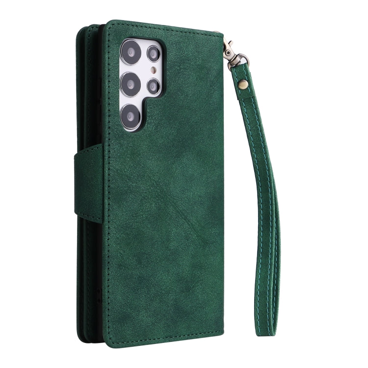 For Samsung Galaxy S22 Ultra 5G Rivet Buckle 9 Cards Three Fold Leather Phone Case(Green) - Galaxy S22 Ultra 5G Cases by buy2fix | Online Shopping UK | buy2fix