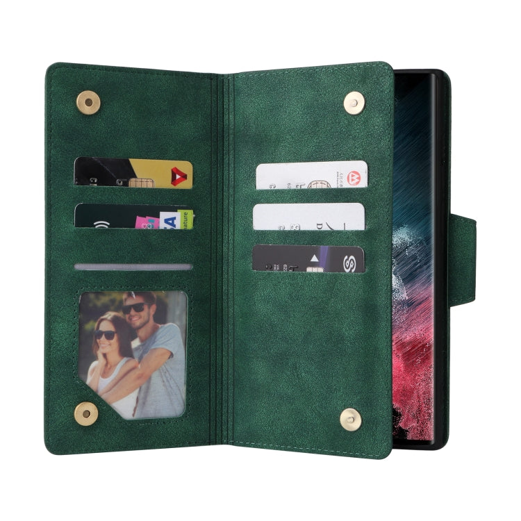For Samsung Galaxy S22 Ultra 5G Rivet Buckle 9 Cards Three Fold Leather Phone Case(Green) - Galaxy S22 Ultra 5G Cases by buy2fix | Online Shopping UK | buy2fix