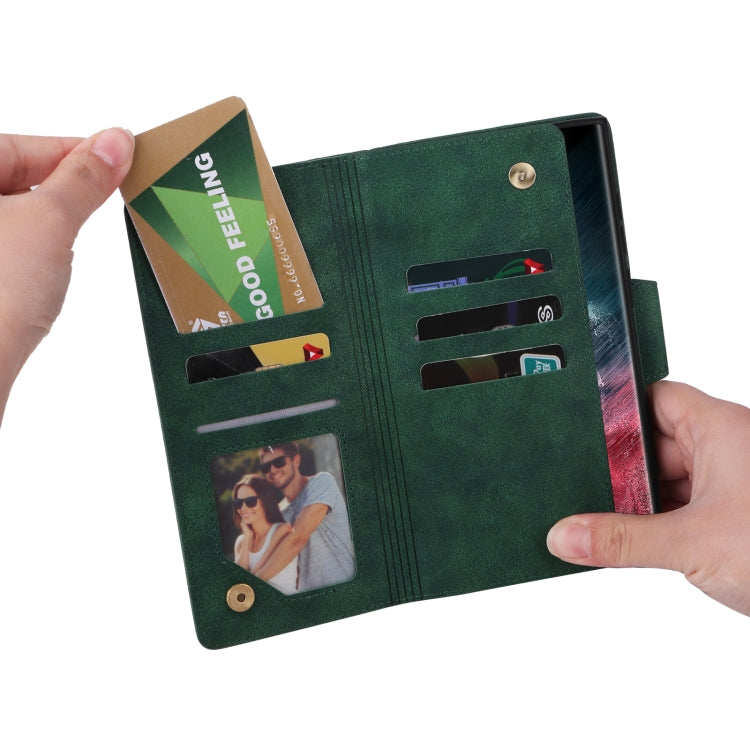 For Samsung Galaxy S22 Ultra 5G Rivet Buckle 9 Cards Three Fold Leather Phone Case(Green) - Galaxy S22 Ultra 5G Cases by buy2fix | Online Shopping UK | buy2fix