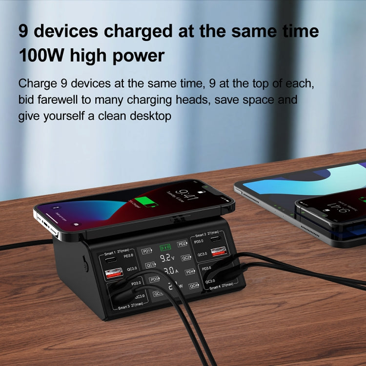 838w 9 in 1 100W 4 PD 3.0 USB-C / Type-C + 4 QC 3.0 USB Ports Smart Digital Display Wireless Charger, EU Plug(Black) by buy2fix
