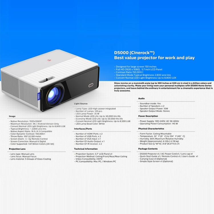 VIVIBRIGHT D5000 1920x1080P 420ANSI 6000Lumens LCD + LED HD Digital Projector, Basic Version UK Plug - LED Projector by VIVIBRIGHT | Online Shopping UK | buy2fix