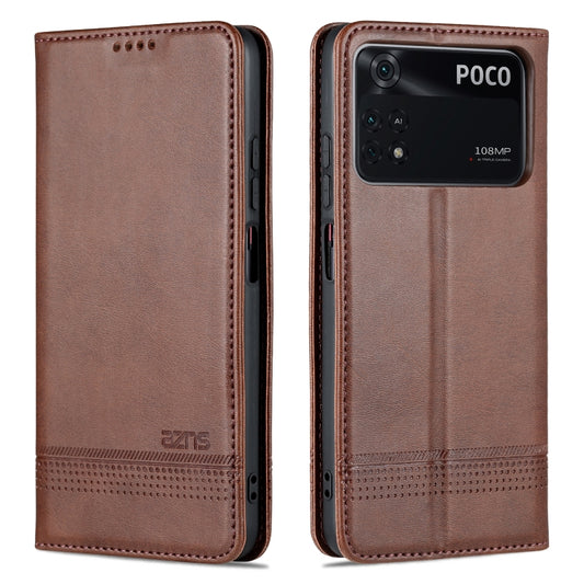 For Xiaomi POCO X4 Pro 5G AZNS Magnetic Calf Texture Leather Phone Case(Dark Brown) by AZNS