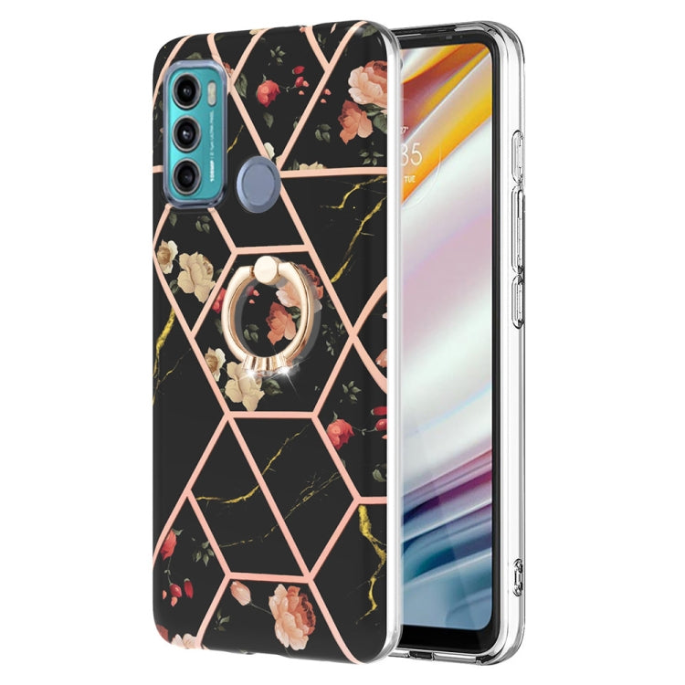 For Motorola Moto G60 / G40 Fusion Splicing Marble Flower Pattern TPU Ring Holder Case(Black Flower) - Motorola Cases by buy2fix | Online Shopping UK | buy2fix