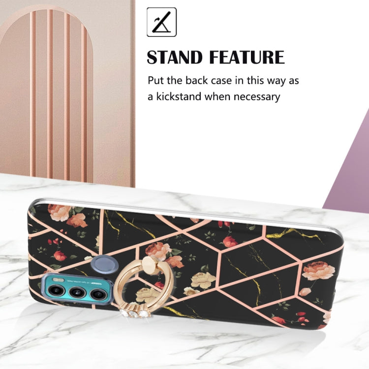 For Motorola Moto G60 / G40 Fusion Splicing Marble Flower Pattern TPU Ring Holder Case(Black Flower) - Motorola Cases by buy2fix | Online Shopping UK | buy2fix