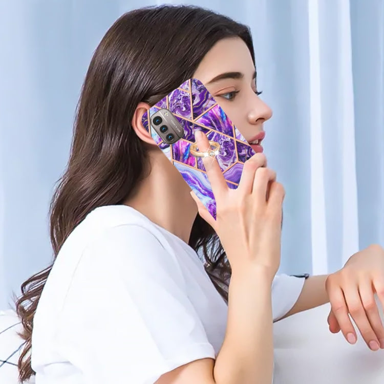 For Nokia G21 / G11 Splicing Marble Pattern Dual-side IMD TPU Ring Holder Case(Dark Purple) by buy2fix