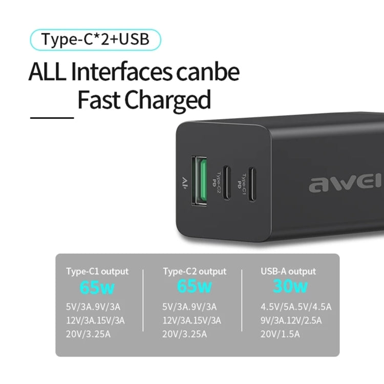 awei PD9 65W Dual Type-C / USB-C + USB GaN Fast Charging Travel Charger, EU Plug(Black) - USB Charger by awei | Online Shopping UK | buy2fix