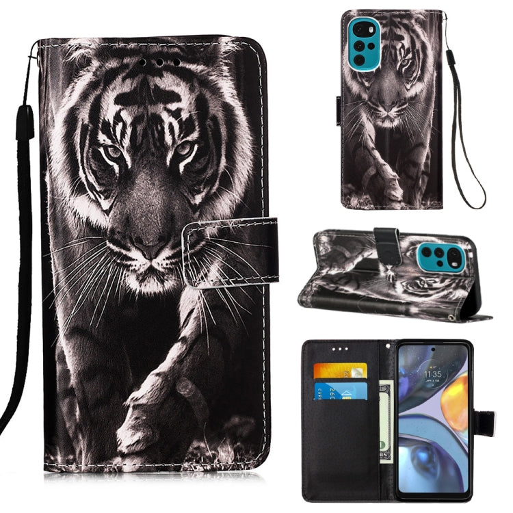 For Motorola Moto G22 Colored Drawing Plain Weave Leather Phone Case(Black White Tiger) - Motorola Cases by buy2fix | Online Shopping UK | buy2fix