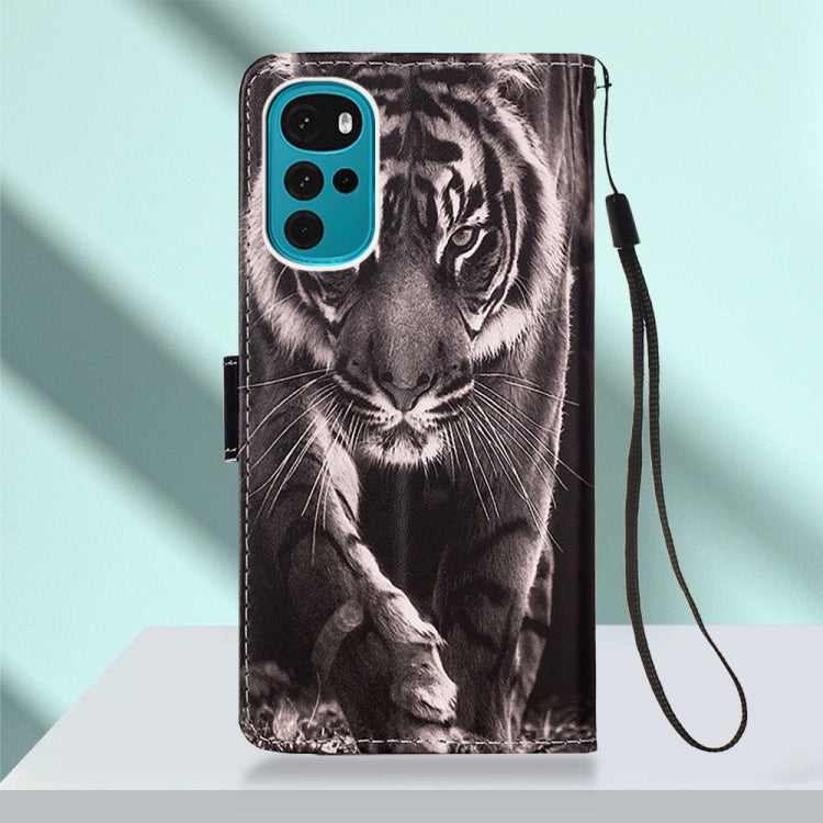 For Motorola Moto G22 Colored Drawing Plain Weave Leather Phone Case(Black White Tiger) - Motorola Cases by buy2fix | Online Shopping UK | buy2fix