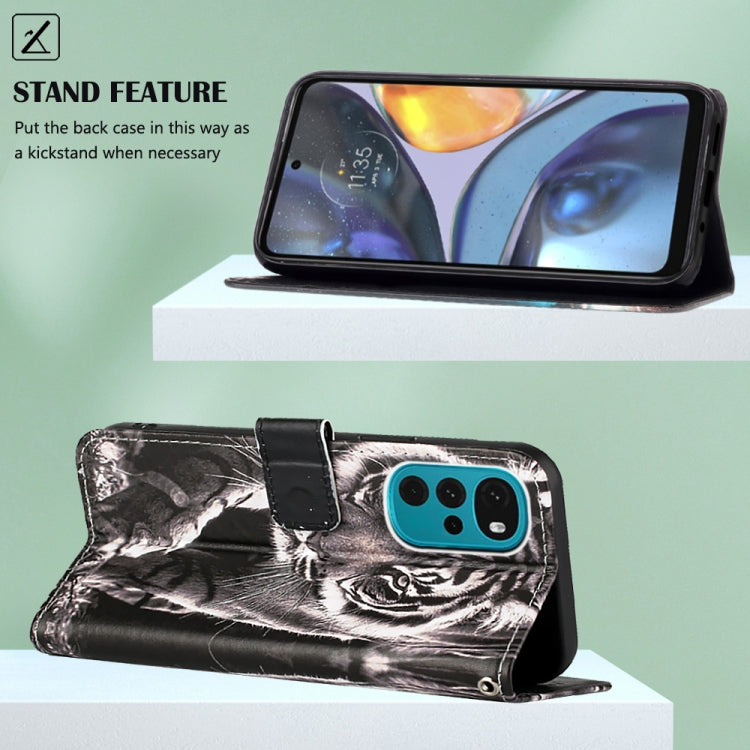 For Motorola Moto G22 Colored Drawing Plain Weave Leather Phone Case(Black White Tiger) - Motorola Cases by buy2fix | Online Shopping UK | buy2fix