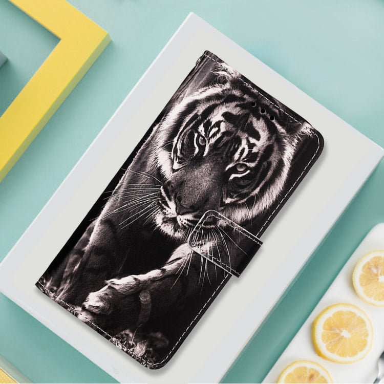 For Motorola Moto G22 Colored Drawing Plain Weave Leather Phone Case(Black White Tiger) - Motorola Cases by buy2fix | Online Shopping UK | buy2fix