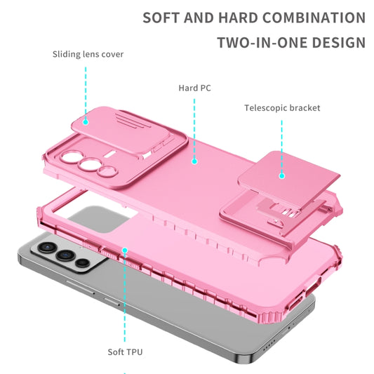 For vivo V23 5G Stereoscopic Holder Sliding Camshield Phone Case(Pink) by buy2fix