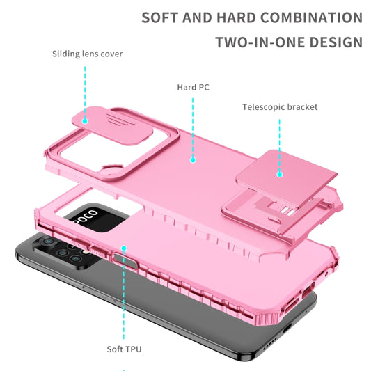 For Xiaomi Poco M4 Pro 4G Stereoscopic Holder Sliding Camshield Phone Case(Pink) by buy2fix
