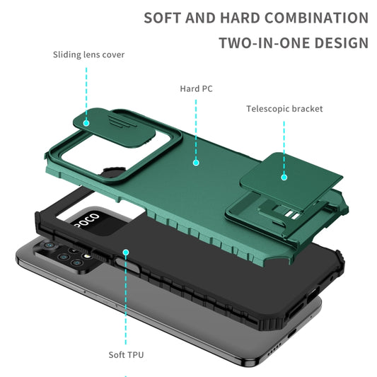 For Xiaomi Poco M4 Pro 4G Stereoscopic Holder Sliding Camshield Phone Case(Dark Green) by buy2fix