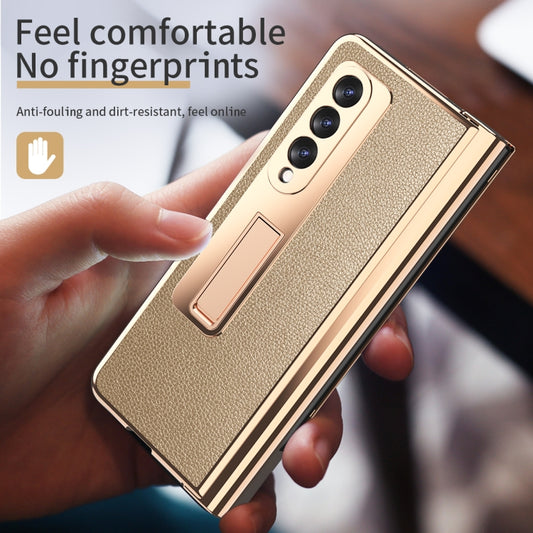 For Samsung Galaxy Z Fold3 Litchi Texture Integrated Electroplating Hinge Flip Phone Case with Pen Slot(Gold) by buy2fix