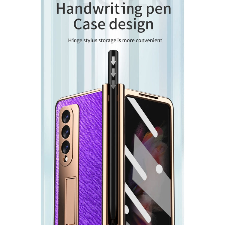 For Samsung Galaxy Z Fold3 Cross Texture Integrated Electroplating Hinge Flip Phone Case with Pen Slot(Purple) by buy2fix