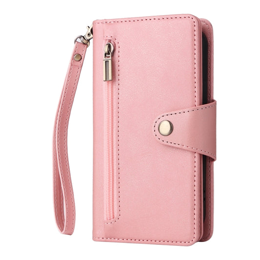 For iPhone 13 Rivet Buckle 9 Cards Three Fold Leather Phone Case(Rose Gold) by buy2fix