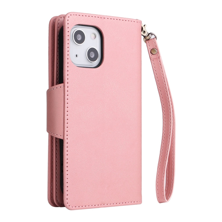 For iPhone 13 Rivet Buckle 9 Cards Three Fold Leather Phone Case(Rose Gold) - iPhone 13 Cases by buy2fix | Online Shopping UK | buy2fix