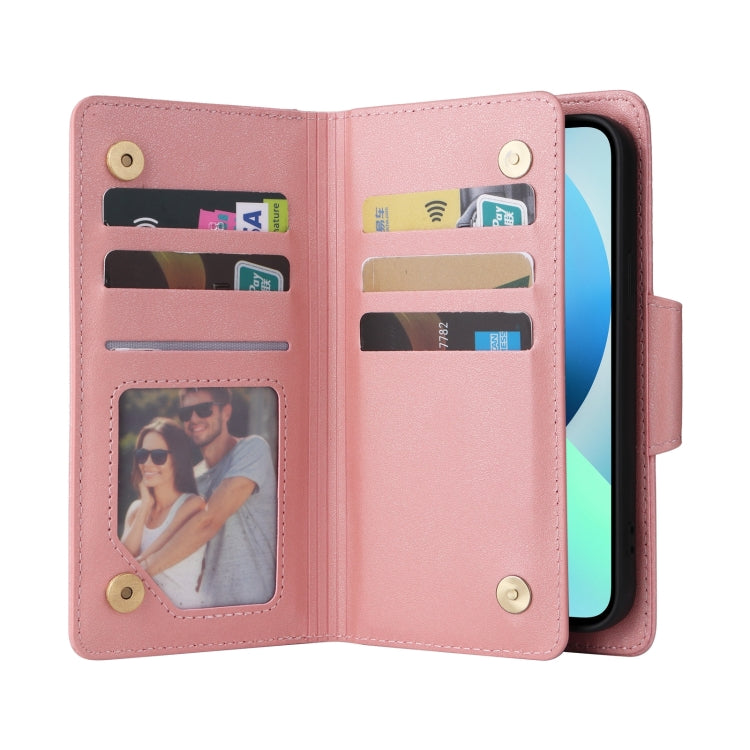For iPhone 13 Rivet Buckle 9 Cards Three Fold Leather Phone Case(Rose Gold) - iPhone 13 Cases by buy2fix | Online Shopping UK | buy2fix