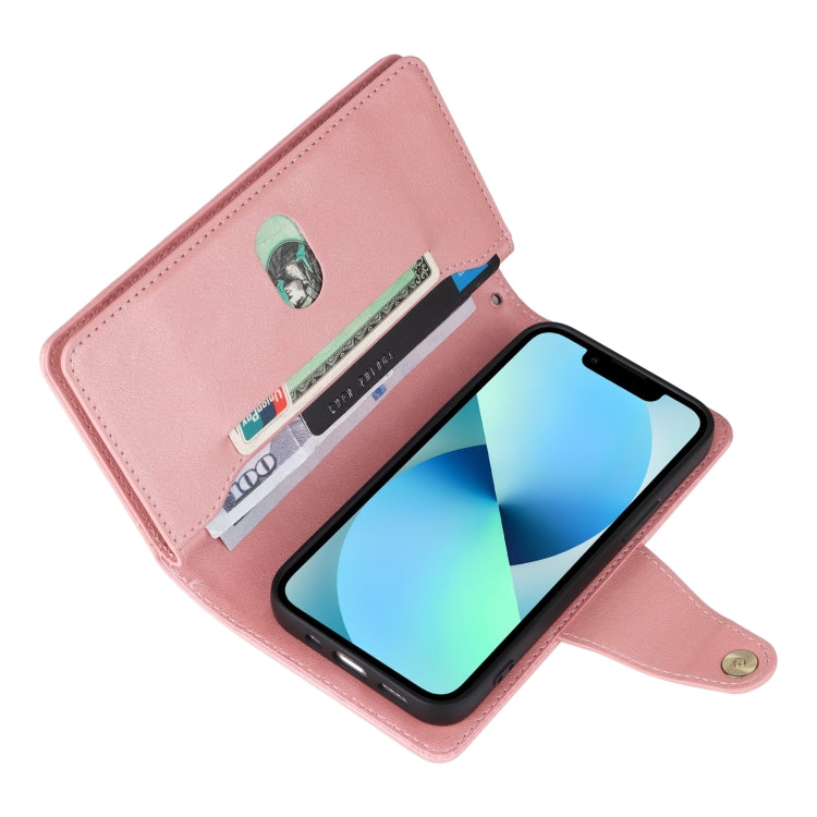 For iPhone 13 Rivet Buckle 9 Cards Three Fold Leather Phone Case(Rose Gold) - iPhone 13 Cases by buy2fix | Online Shopping UK | buy2fix