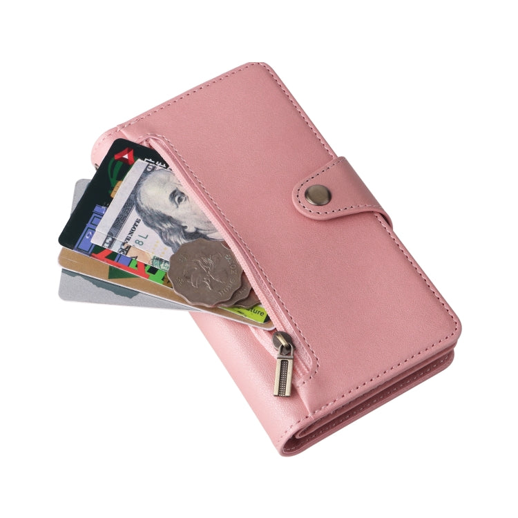For iPhone 13 Rivet Buckle 9 Cards Three Fold Leather Phone Case(Rose Gold) - iPhone 13 Cases by buy2fix | Online Shopping UK | buy2fix