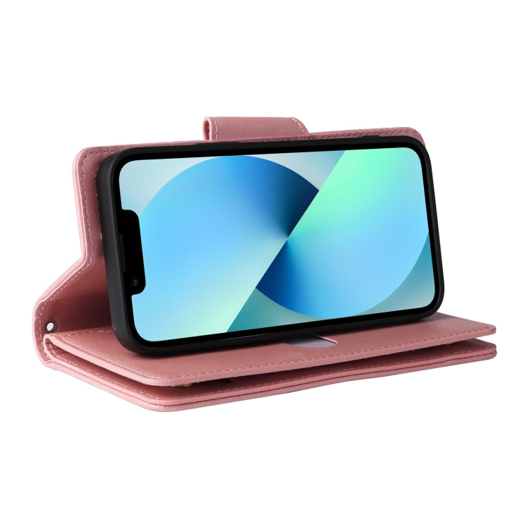For iPhone 13 Rivet Buckle 9 Cards Three Fold Leather Phone Case(Rose Gold) - iPhone 13 Cases by buy2fix | Online Shopping UK | buy2fix