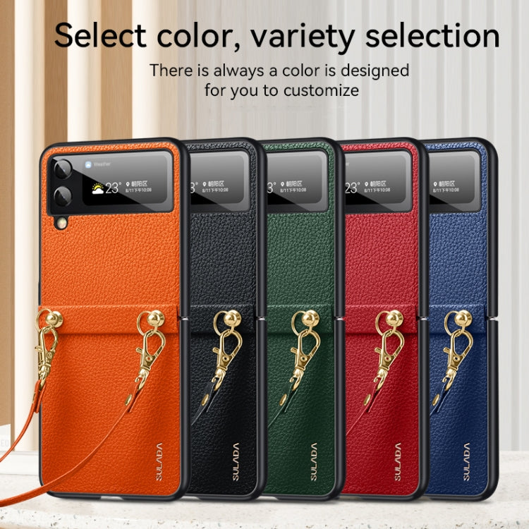 For Samsung Galaxy Z Flip3 5G SULADA Litchi Texture Leather + TPU Phone Case with Strap(Orange) by SULADA