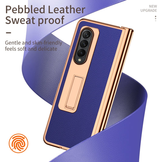For Samsung Galaxy Z Fold4 Litchi Texture Leather Hinged Electroplated Phone Case with Pen(Blue) by buy2fix