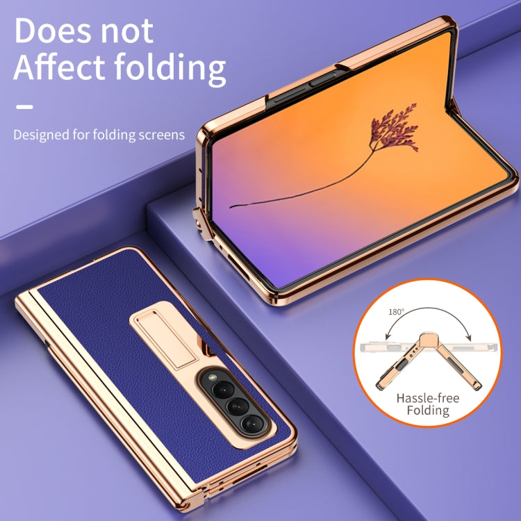 For Samsung Galaxy Z Fold4 Litchi Texture Leather Hinged Electroplated Phone Case with Pen(Blue) by buy2fix