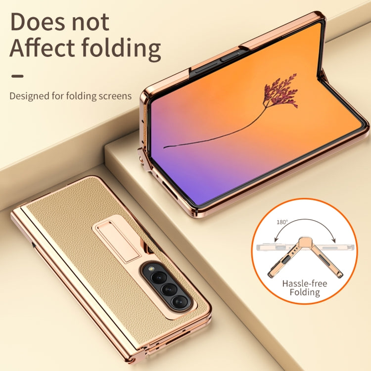 For Samsung Galaxy Z Fold4 Litchi Texture Leather Hinged Electroplated Phone Case with Pen(Gold) by buy2fix