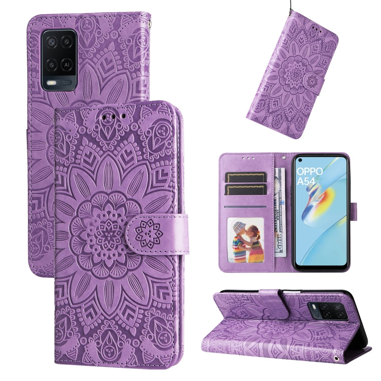For OPPO A54 4G / A16 / A16s / A55 4G Embossed Sunflower Leather Phone Case(Purple) - OPPO Cases by buy2fix | Online Shopping UK | buy2fix