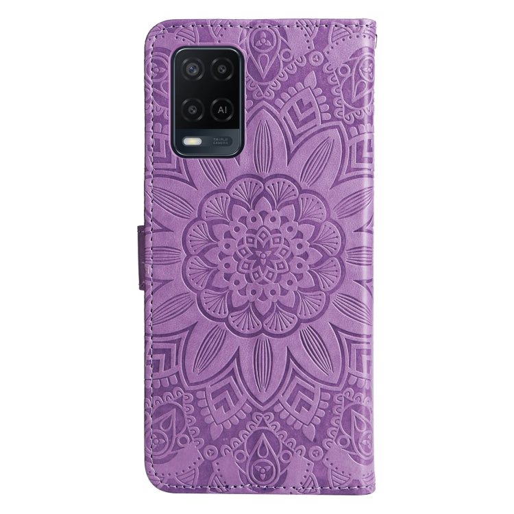 For OPPO A54 4G / A16 / A16s / A55 4G Embossed Sunflower Leather Phone Case(Purple) - OPPO Cases by buy2fix | Online Shopping UK | buy2fix