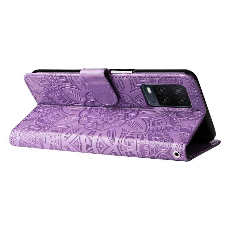 For OPPO A54 4G / A16 / A16s / A55 4G Embossed Sunflower Leather Phone Case(Purple) - OPPO Cases by buy2fix | Online Shopping UK | buy2fix