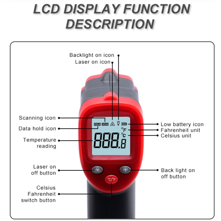 Wintact WT319B -50-550 Celsius LCD Display Infrared Thermometer, Battery Not Included - Thermostat & Thermometer by Wintact | Online Shopping UK | buy2fix