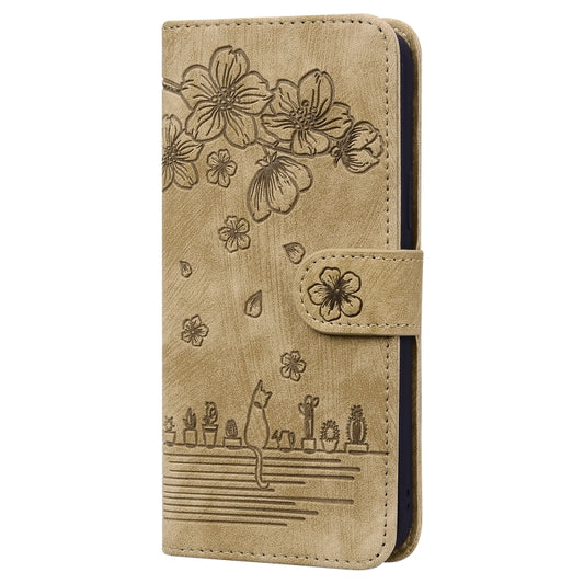 For Xiaomi Poco M4 Pro 4G Global Cartoon Sakura Cat Embossed Leather Phone Case(Brown) by buy2fix
