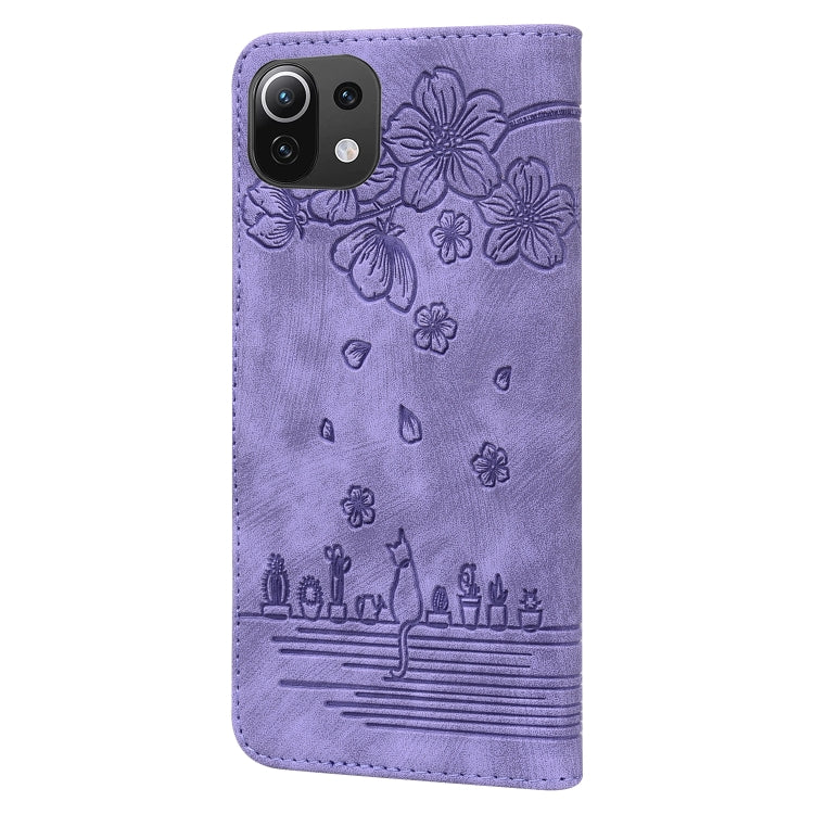 For Xiaomi Mi 11 Lite 4G / 5G Cartoon Sakura Cat Embossed Leather Phone Case(Purple) - Xiaomi Cases by buy2fix | Online Shopping UK | buy2fix