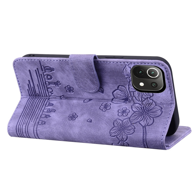 For Xiaomi Mi 11 Lite 4G / 5G Cartoon Sakura Cat Embossed Leather Phone Case(Purple) - Xiaomi Cases by buy2fix | Online Shopping UK | buy2fix