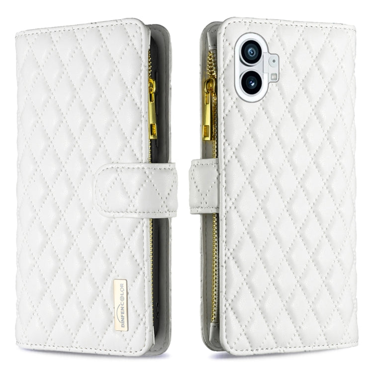 For Nothing Phone 1 Diamond Lattice Zipper Wallet Leather Flip Phone Case(White) - Nothing Cases by buy2fix | Online Shopping UK | buy2fix