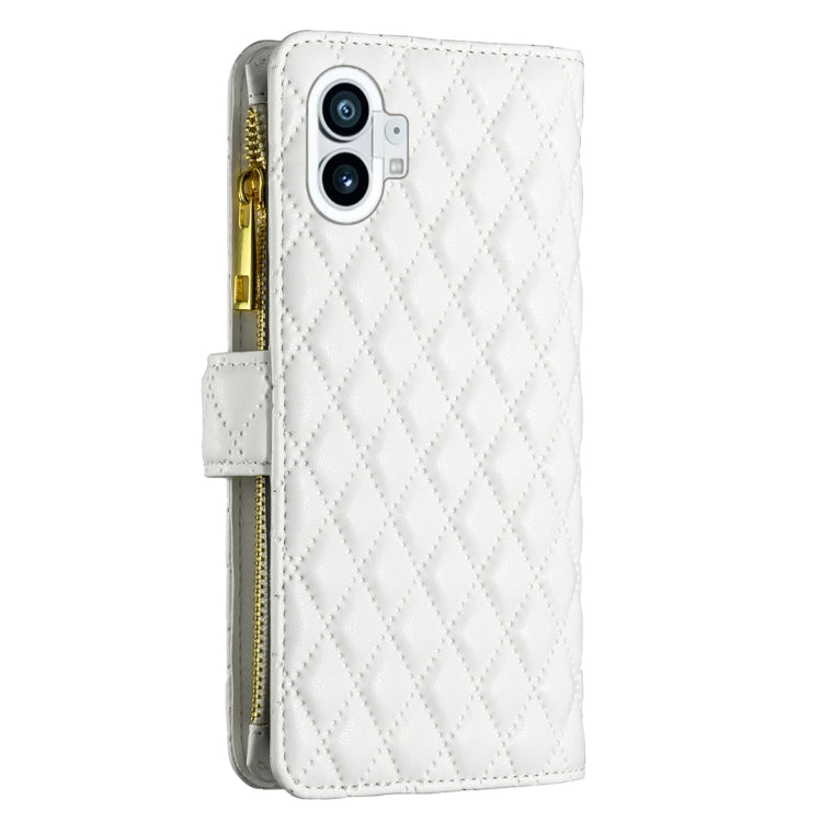 For Nothing Phone 1 Diamond Lattice Zipper Wallet Leather Flip Phone Case(White) - Nothing Cases by buy2fix | Online Shopping UK | buy2fix