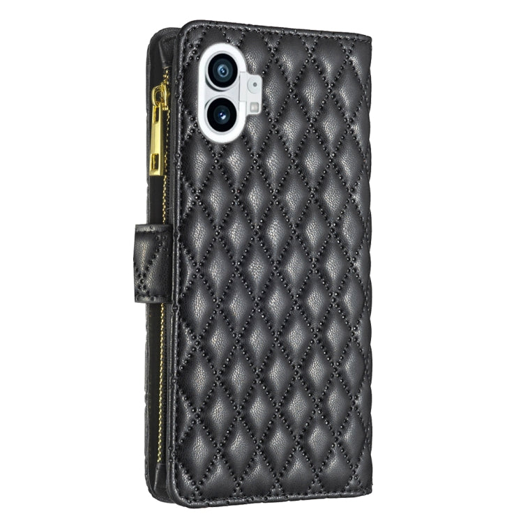 For Nothing Phone 1 Diamond Lattice Zipper Wallet Leather Flip Phone Case(Black) - Nothing Cases by buy2fix | Online Shopping UK | buy2fix