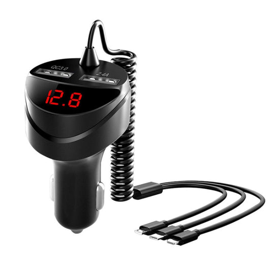 C68 LED Digital Display QC3.0 Fast Car Charger 3 in 1 with Spring Cable(Black) - Car Charger by buy2fix | Online Shopping UK | buy2fix