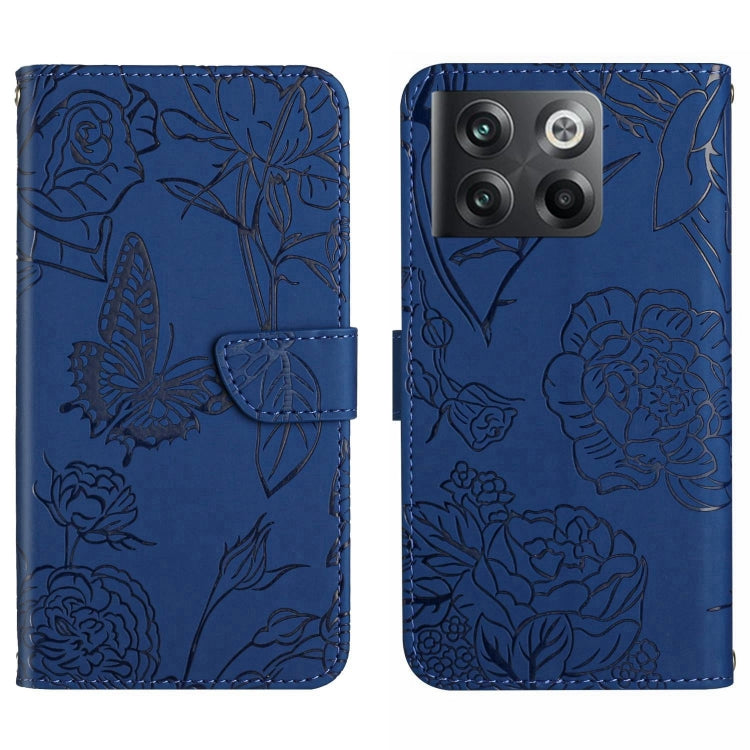 For OnePlus 10T / Ace Pro HT03 Skin Feel Butterfly Embossed Flip Leather Phone Case(Blue) - OnePlus Cases by buy2fix | Online Shopping UK | buy2fix