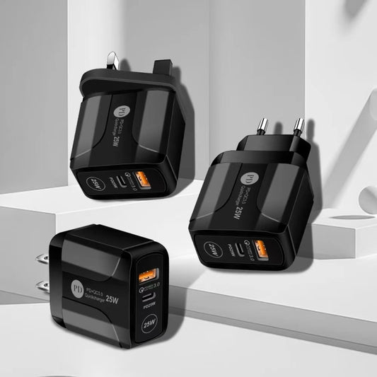 25W PD Type-C + QC3.0 USB Ports Travel Charger, Plug Type:EU Plug(Black) by buy2fix