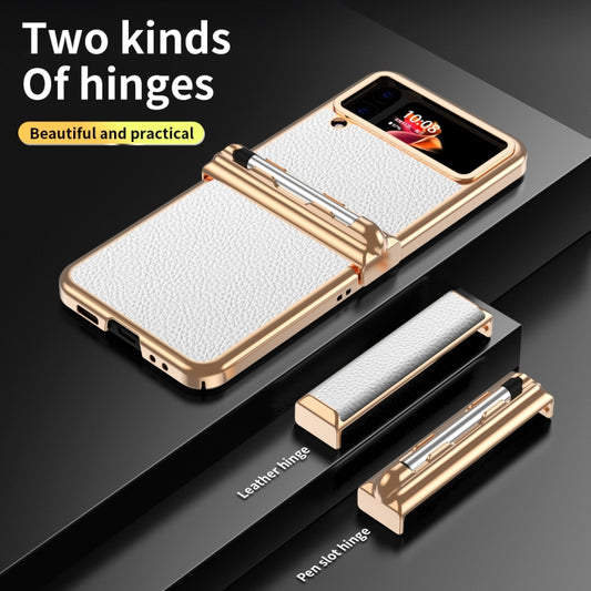 For Samsung Galaxy Z Flip4 Litchi Texture Leather Hinged Electroplated Phone Case with Pen(Gold White) by buy2fix